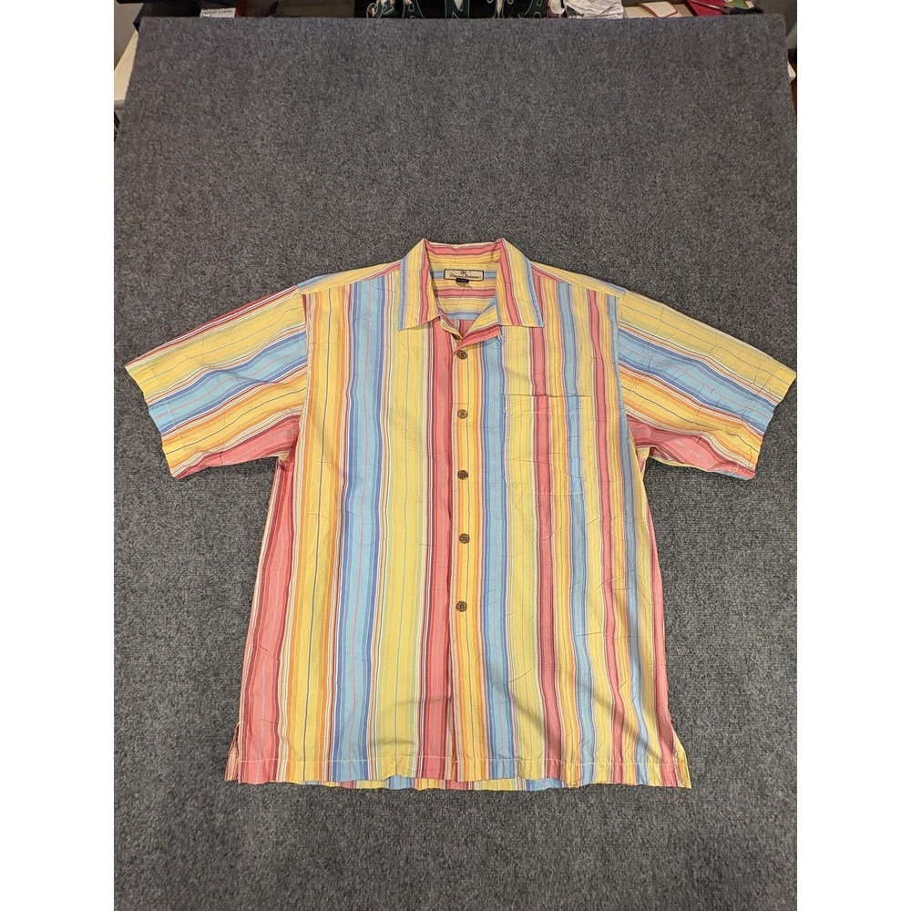 Tommy Bahama Shirt Mens M Multicolor Loop Collar Stripe Sleeve Button Pocket